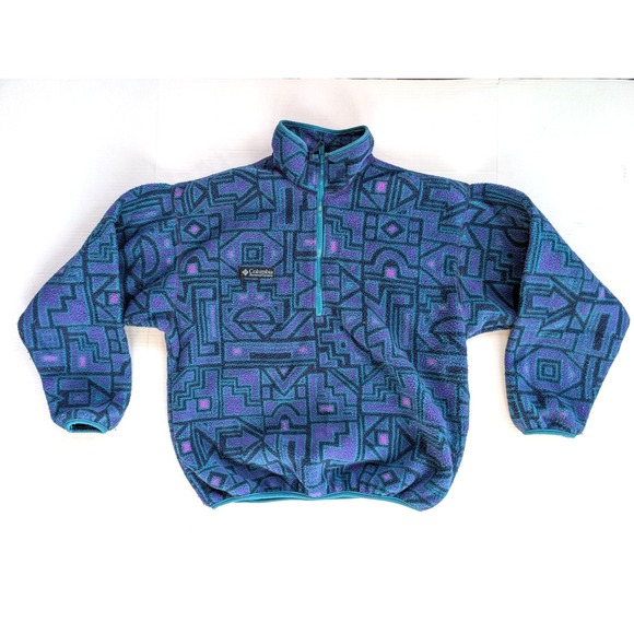 Vintage‎ Columbia Jacket Womens Medium USA Made Geometric 1/2 Zip Fleece Blue
